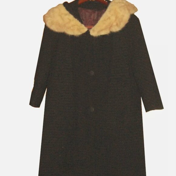 Vintage Black Ottoman Ribbed Wool Coat w/ Real Fur Collar - Picture 2 of 6